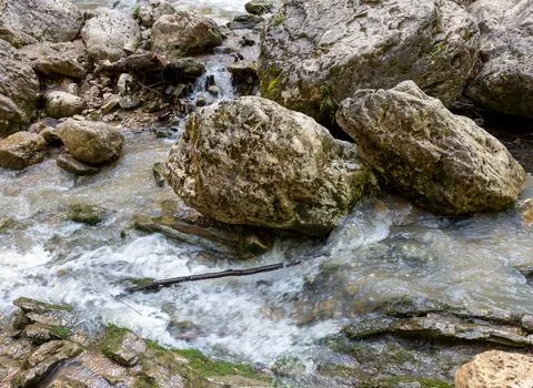 The beginning of summer, mountain river, walking along the canyon, hiking tra Stock Photos