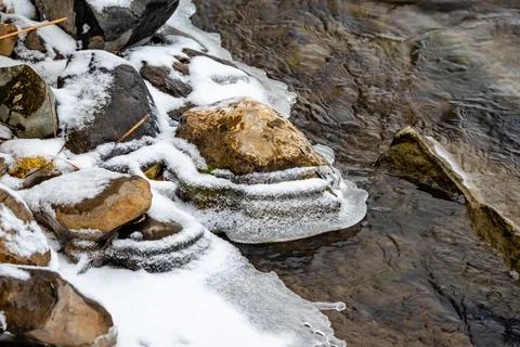 Beginning of the winter, Ice forms on the vegetation across the river. Stock Photos