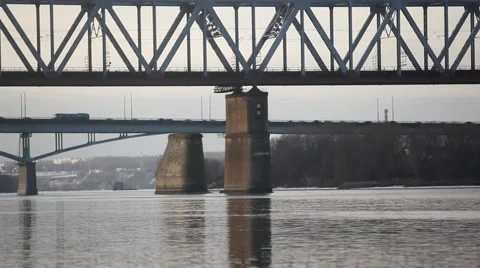 The beginning of winter. train rides on the bridge Video stock 48896783