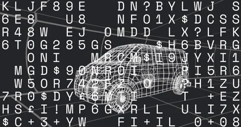 Beginning with wireframe van on grid, data stream scrolling across model for Stock Footage 317155478