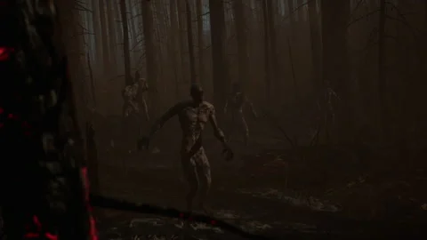 The beginning of the zombie attack on the astronauts in the fire forest 03 Stock Footage 231663794