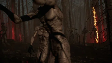 The beginning of the zombie attack on the astronauts in the fire forest 04 Stock Footage 231664424