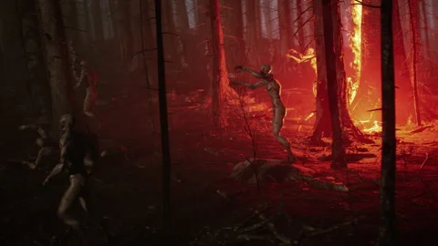 The beginning of the zombie attack on the astronauts in the fire forest 05 Stock Footage 231665847