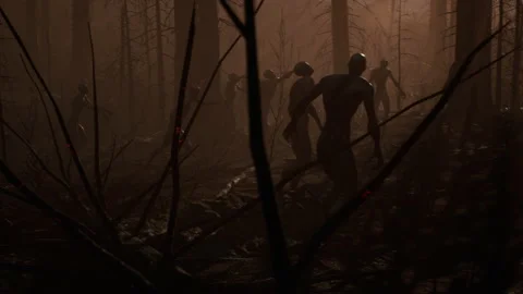 The beginning of the zombie attack in the burning forest 04 Stock Footage 231659384