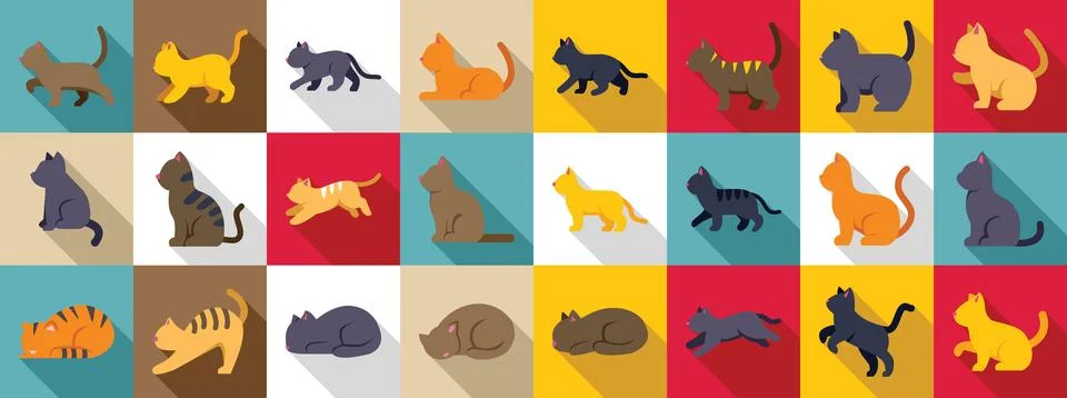 Behavior cat icons set. Cute cats posing and playing in colorful background.. Stock Illustration