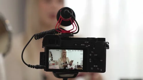 Behide camera screen display woman making beauty tutorial video. Blithe 스톡 동영상 263936775