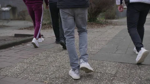 Behind crew walking in park, young street gang concept, slow motion Vidéo 159131719