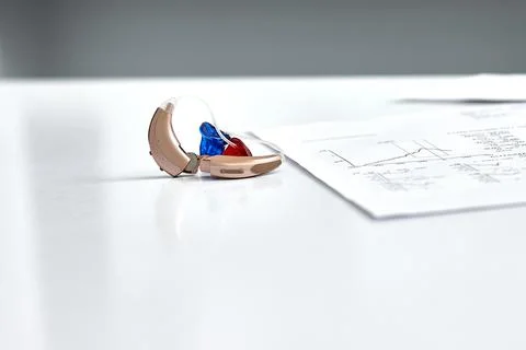 Behind-the-ear hearing aids with colored inserts are individually selected fo Fotos Stock