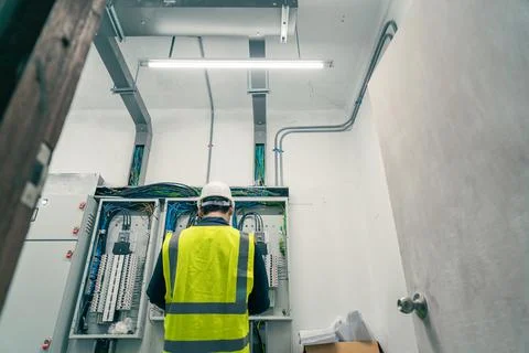 Behind Electrical Engineer or Electrician service working at Electrical panel Stock Photos