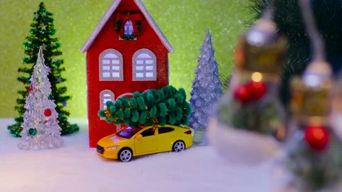 Behind the lights decorated inside is an house surrounded by Christmas trees Stock Footage 324463123