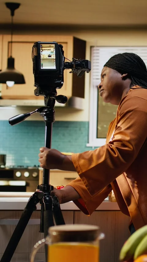 Behind the scenes, black home chef, filming setup, before recording Stock Footage 333616895