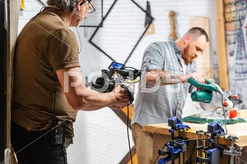 Behind the scenes of production for camera equipment video shooting, the set Stock-Fotos