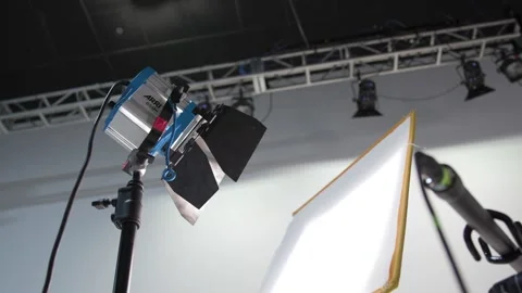 Behind The Scenes - TV Studio Lights and Scrim for Interview Setup Video stock 295366409