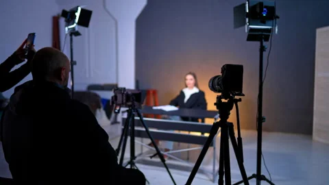 Behind the scenes of video recording with presenter and cameras. View from Stock Footage 334813027