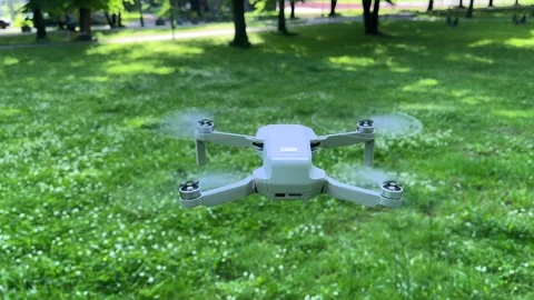 Behind Shot of Small Drone Hovering in Windy Green Trees in Park Stock Footage 311936435