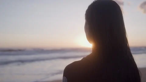 Behind Surfer Looking out at Ocean at Sunset Stock Footage 270393776
