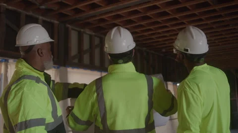 Behind View Of Construction Workers Overlooking Blueprints Stock Footage 270389289