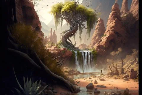 Behind A Waterfall In A Desert Stock Illustration