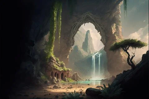 Behind A Waterfall In A Desert Stock Illustration