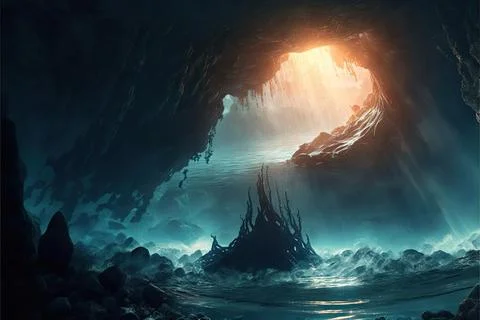 Behind A Waterfall In The Ocean Stock Illustration