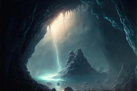 Behind A Waterfall In The Ocean Stock Illustration