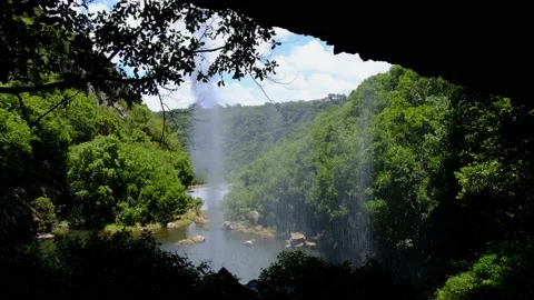 Behind the waterfall view at cascades in Mauritius Stock Footage 170032331