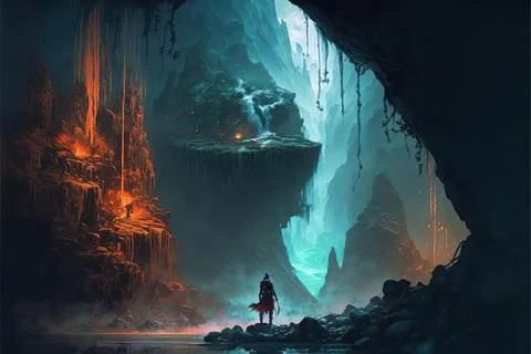 Behind A Waterfall In A Volcano Stock Illustration