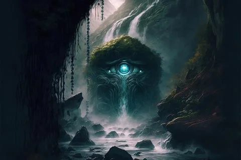 Behind A Waterfall In A Volcano Stock Illustration