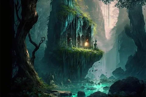 Behind A Waterfall Within A Valley Stock Illustration