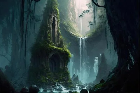 Behind A Waterfall Within A Valley Stock Illustration
