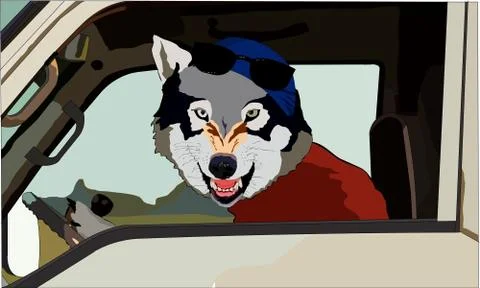 Behind the wheel of a car, a wolf in a bandana and with glasses Stock Illustration
