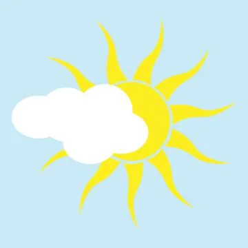 Behind a white cloud, a yellow sun with wavy rays is hiding. Flat vector Stock Illustration