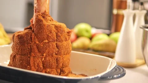 Behold table adorned with sizable grilled meat masterpiece Feast your eyes on Stock Footage 270854637