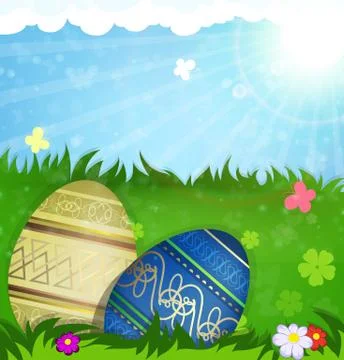 Beige and blue Easter eggs in grass Stock Illustration