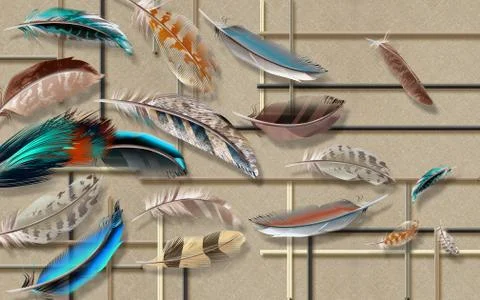 Beige background, bright multi-colored feathers of different sizes Stock Illustration