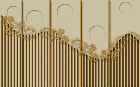 Beige background with embossed circles, a wavy screen with ornamental flowers Stock Illustration