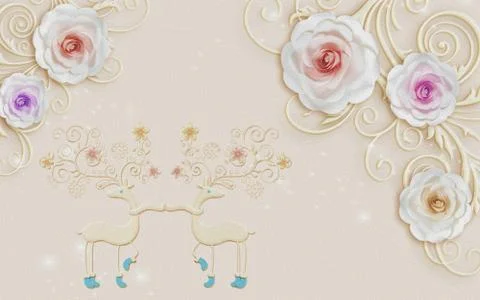 Beige background, embossed ornament, large rosebuds, a pair of abstract deers Stock Illustration