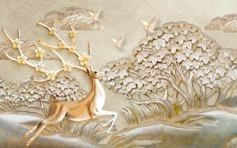 Beige background, embossed trees, three pigeons, a deer with flowering horns Stock Illustration