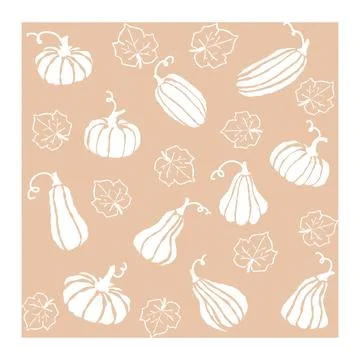Beige background featuring a variety of hand-drawn pumpkins and leaves in a Stock Illustration