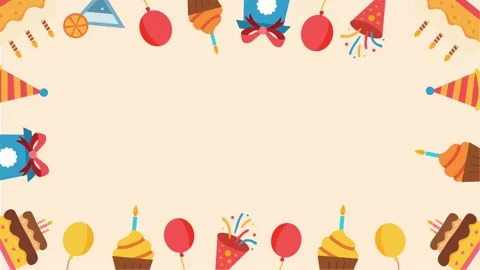 Beige background frame filled with cupcakes balloons and sweets elements Stock Footage 318634915