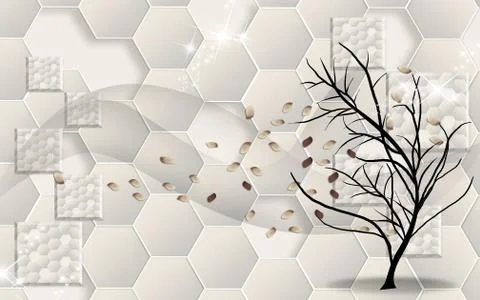 Beige background, hexagons, sequins, black bent tree in the wind Stock Illustration