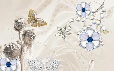 Beige background, large silver flowers with crystals, a pair of abstract swans Stock Illustration