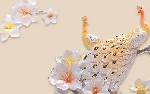 Beige background, large textured white flowers, a pair of light orange peacock Stock Illustration