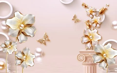 Beige background, large white gilded flowers, pearls, column, white rings Stock Illustration