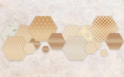 Beige background, mosaic of hexagons of different sizes and textures Stock Illustration