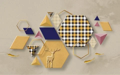 Beige background, multicolored figures, goldfish and polygonal deer Stock Illustration