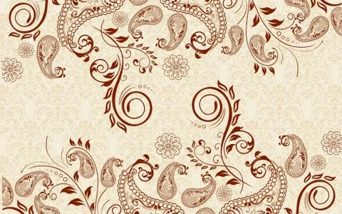 Beige background with ornament, floral patterns, branches and leaves. Stock Illustration