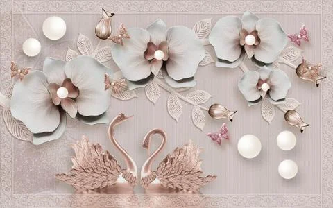 Beige background, ornamental frame, large orchids, a pair of golden swans Stock Illustration