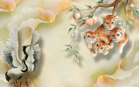 Beige background, a pair of cranes, flowering branch, four ceramic tiger cubs Stock Illustration