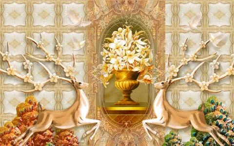 Beige background, plants, two brown deer with horns, golden vase with flowers Stock Illustration